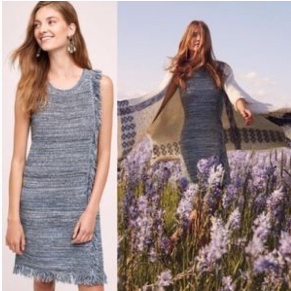 Anthropologie Holding Horses Sweater Blue Knit Fringe Shift Dress Size Small
